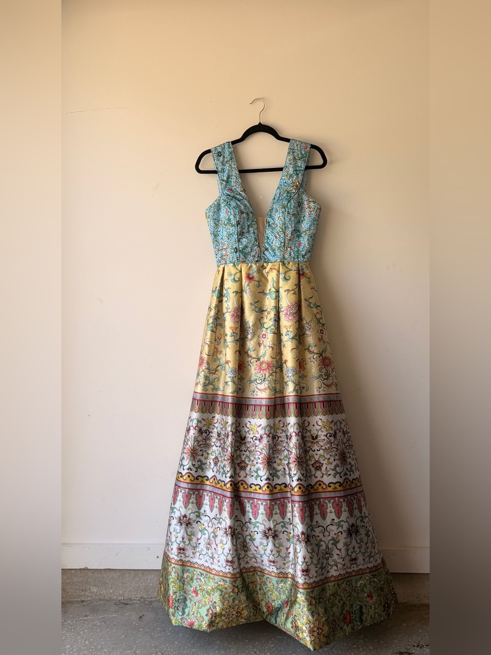 Sherri Hill Blue and Yellow Floral V-Neck Prom Gown - Picture 5 of 8